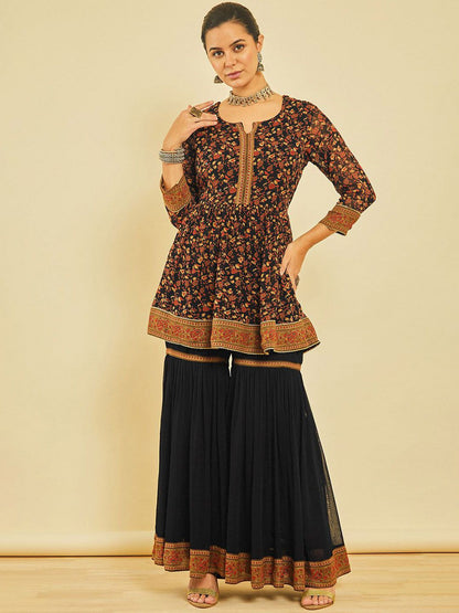 Dhiyona SO Women's Women Floral Printed Pleated Beads and Stones Kurta with Sharara & With Dupatta