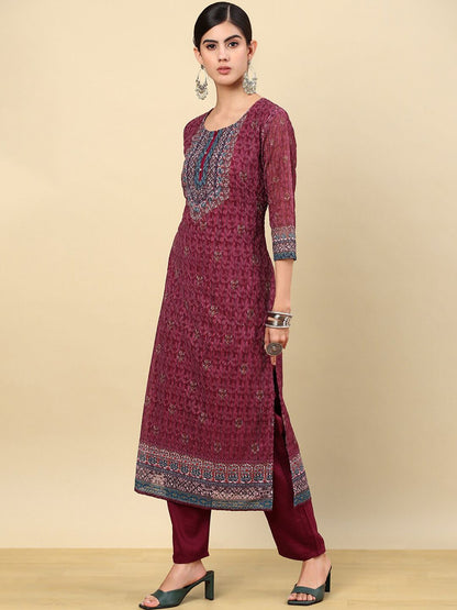 Dhiyona SO Women's Ethnic Motifs Embroidered Thread Work Straight Kurta with Trousers