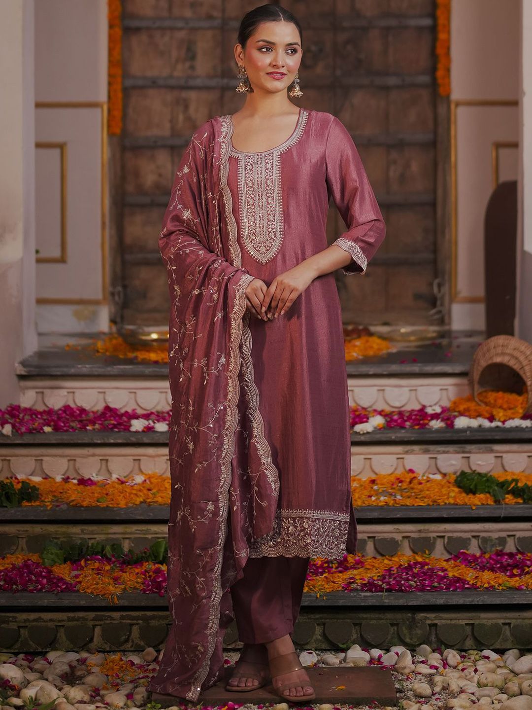 Ethnic Motifs Embroidered Kurta With Trousers & Dupatta