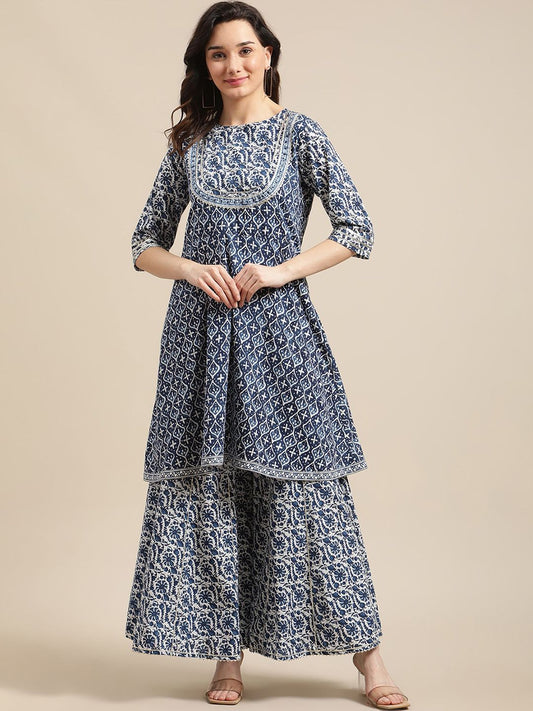 Dhiyona VA Women'sBlue & White Floral Printed Flared Kurta Sharara Set