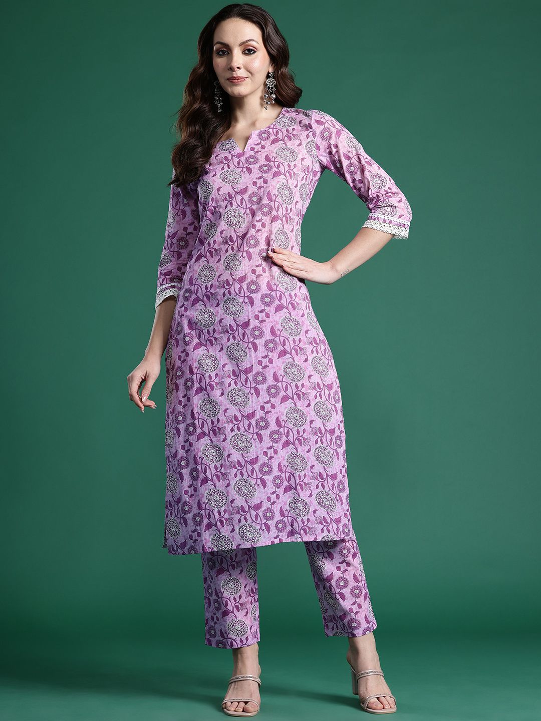 Dhiyona IE Floral Printed Pure Cotton Kurta with Trousers