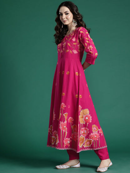 Dhiyona IE Floral Printed Regular Pure Cotton Kurta with Trousers & Dupatta