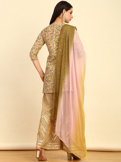 Dhiyona SO Women's Floral Printed Regular Zardozi Pure Cotton Kurti with Sharara & Dupatta