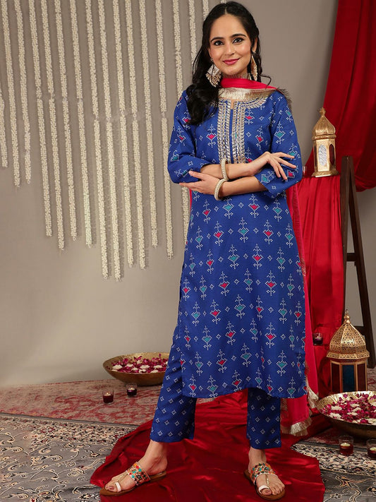 Dhiyona VA Women'sBandhani Printed Gotta Patti Straight Kurta & Trouser With Dupatta