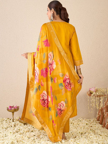 Women Ethnic Motifs Embroidered Regular Kurta with Trousers & With Dupatta