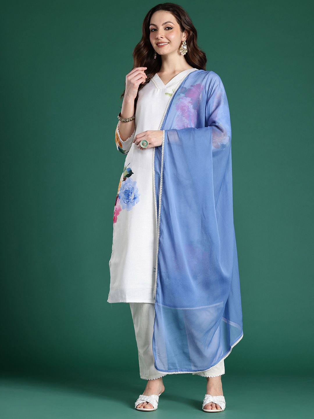 Dhiyona IE Floral Printed Beads and Stones Linen Kurta with Trousers & With Dupatta