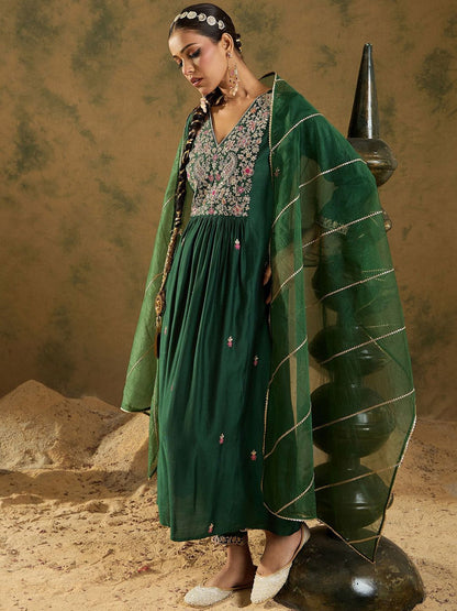 Dhiyona IE Women Floral Embroidered Empire Liva Kurta with Trousers & With Dupatta