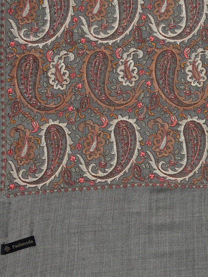Dhiyona PA Women Grey Melange & Brown Embroidered Woolen Shawl