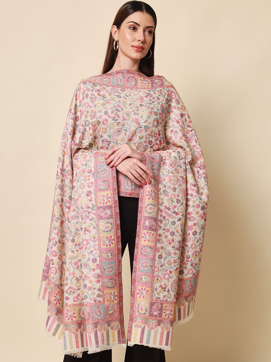 Dhiyona PA Women White & Pink Woven-Design Shawl