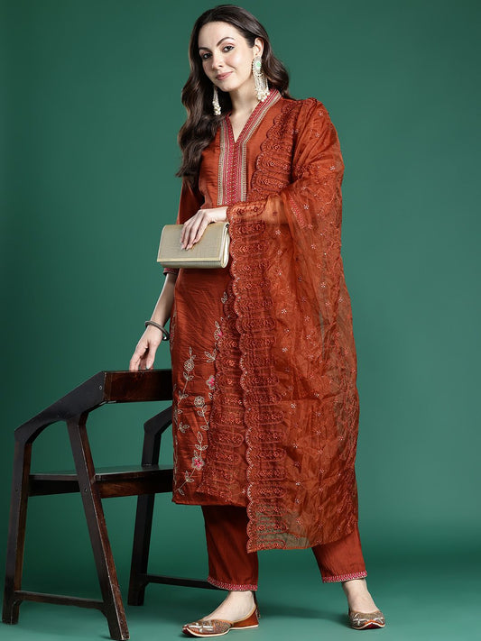 Dhiyona IE Women Ethnic Motifs Embroidered Regular Sequinned Kurta with Trousers & With Dupatta