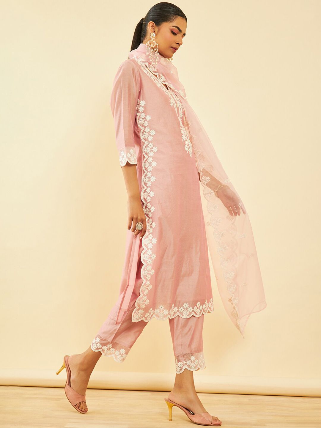 Dhiyona SO Women's Ethnic Motifs Embroidered Regular Chanderi Silk Kurta with Trousers & Dupatta