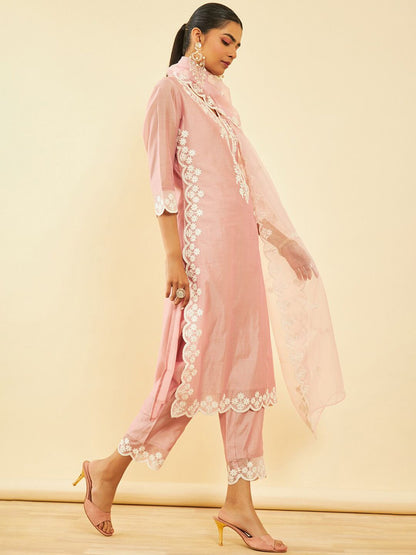 Dhiyona SO Women's Ethnic Motifs Embroidered Regular Chanderi Silk Kurta with Trousers & Dupatta