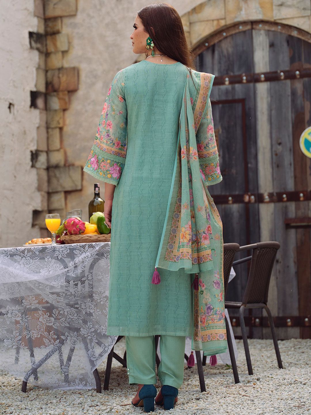 Floral Embroidered Beads and Stones Straight Kurta With Trousers & Dupatta