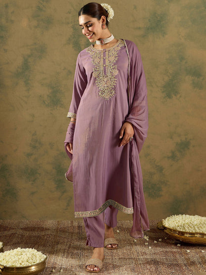 Floral Embroidered Embellished Straight Kurta with Trouser And Dupatta