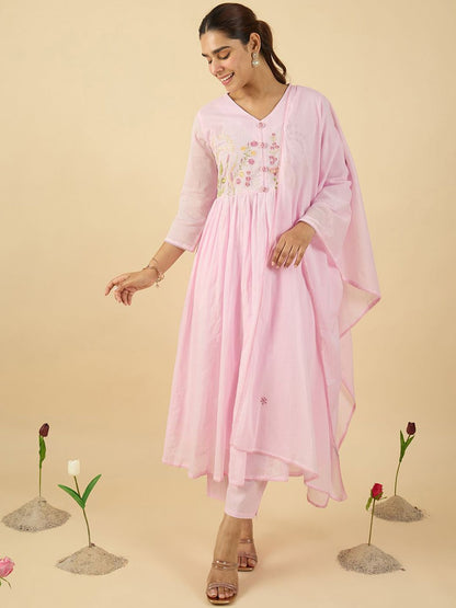Dhiyona IE Floral Embroidered V Neck A Line Pure Cotton Kurta With Trousers & Dupatta