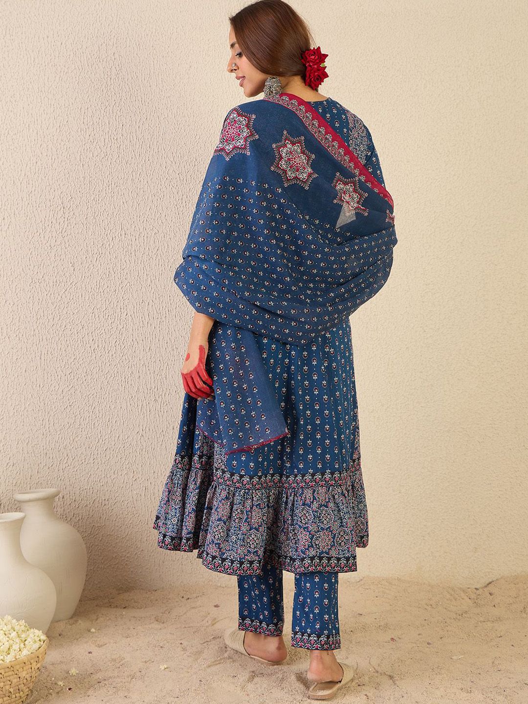 Ethnic Motifs Printed A Line Pure Cotton Kurta With Trousers & Dupatta