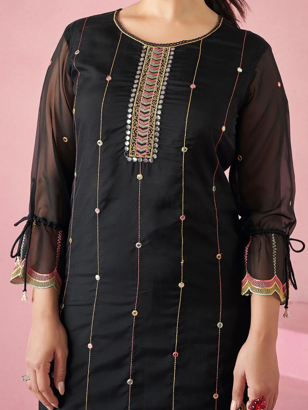 Women Floral Embroidered Regular Mirror Work Kurta with Trousers & With Dupatta