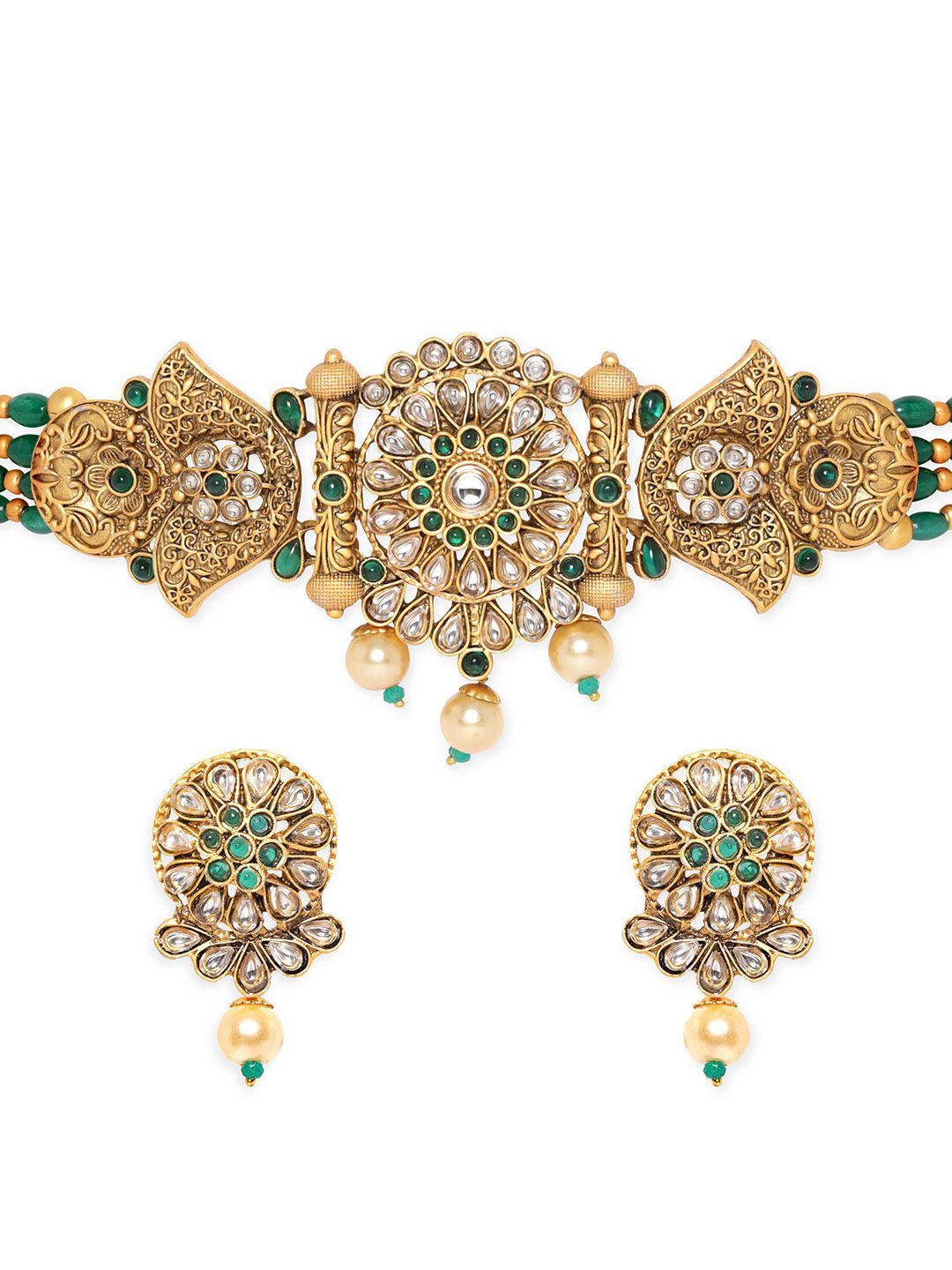 Dhiyona RJ Women's Gold-Plated Emeral & Kundan Stone-Studded & Pearl Beaded Choker Jewellery Set