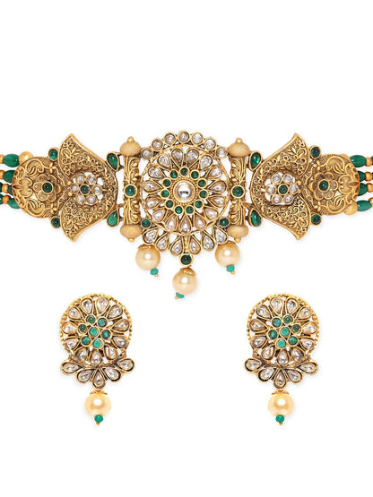 Dhiyona RJ Women's Gold-Plated Emeral & Kundan Stone-Studded & Pearl Beaded Choker Jewellery Set
