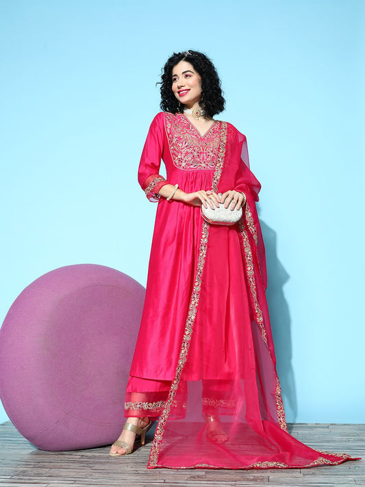 Dhiyona IE Women Fuchsia Ethnic Motifs Embroidered Kurta with Palazzos & With Dupatta
