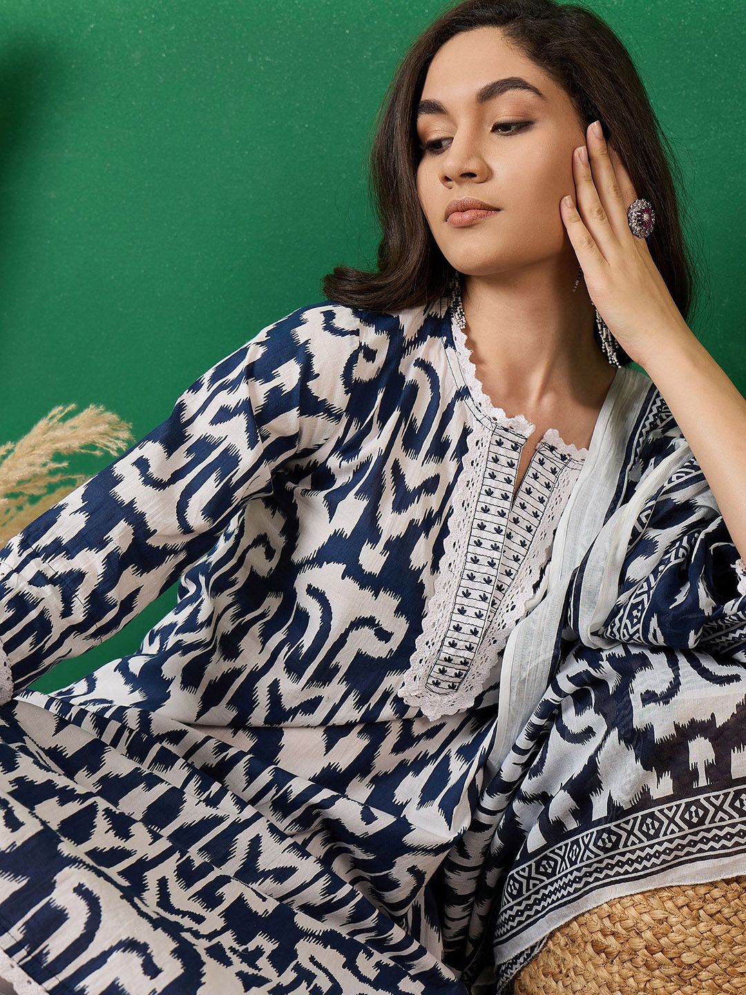 Dhiyona SN Women's Printed Pure Cotton Straight Kurta With Trousers & Dupatta