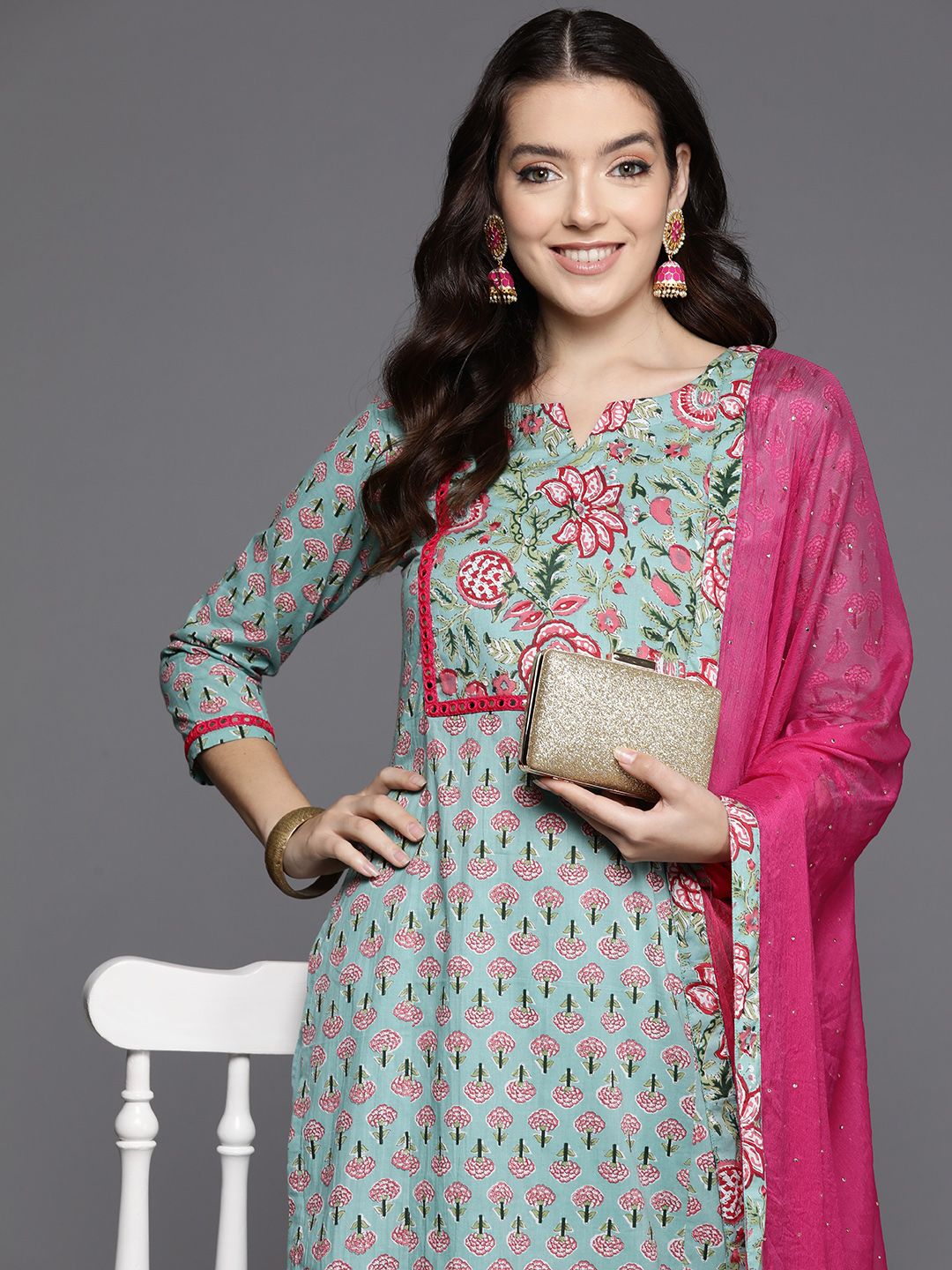 Dhiyona IE Women Floral Printed Mirror Work Pure Cotton Kurta with Trousers & With Dupatta
