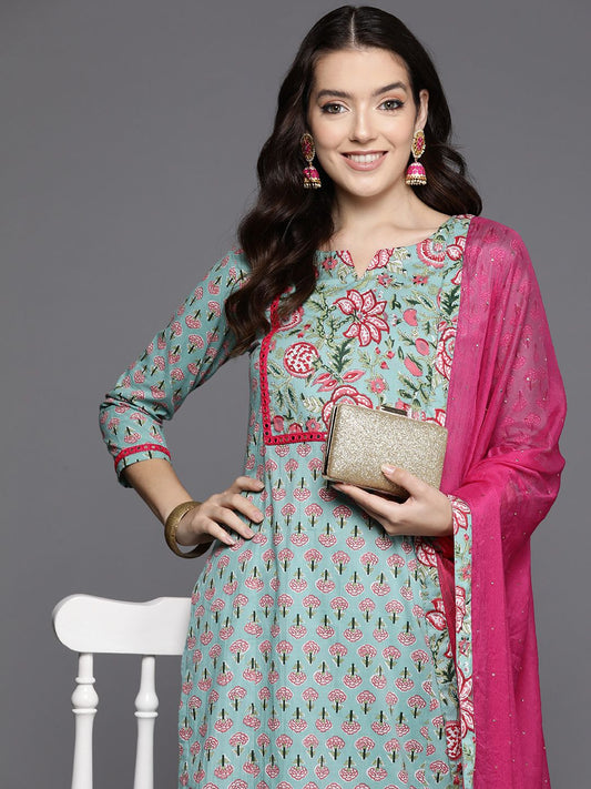Dhiyona IE Women Floral Printed Mirror Work Pure Cotton Kurta with Trousers & With Dupatta
