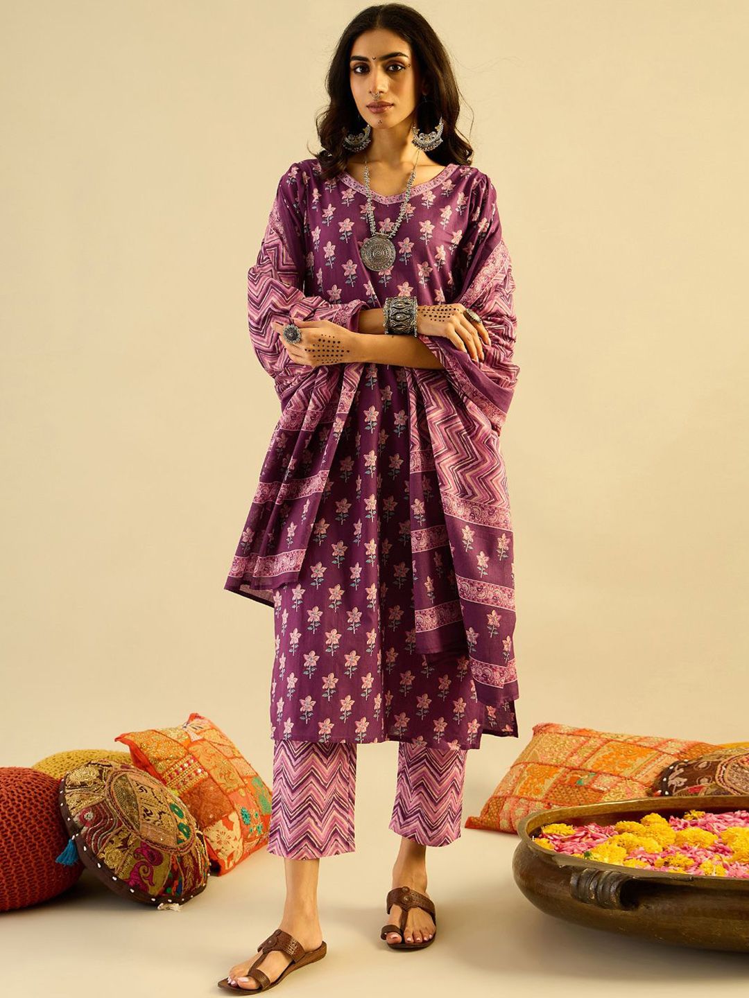 Purple Floral Printed V-Neck Pure Cotton Straight Kurta with Trousers & Dupatta