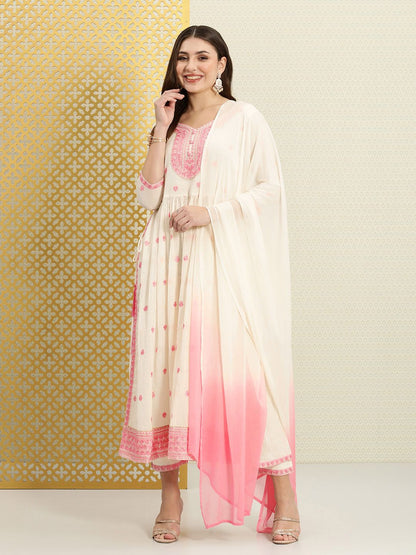 Dhiyona PD Women Women Jashn Floral Thread Work Pure Cotton Kurta With Trousers & Dupatta