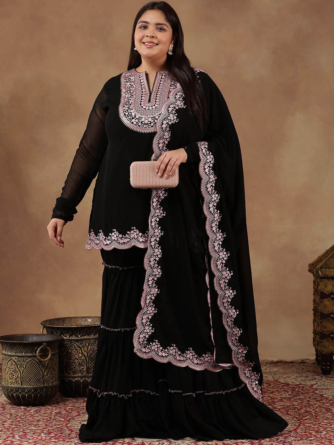 Dhiyona IN Szie Floral Embroidered Thread Work Kurta With Sharara & Dupatta