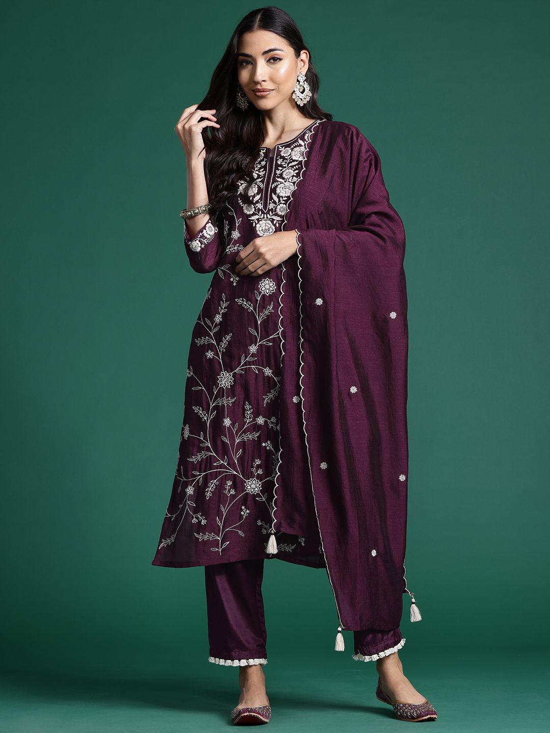 Floral Embroidered Sequinned Kurta With Trousers & Dupatta
