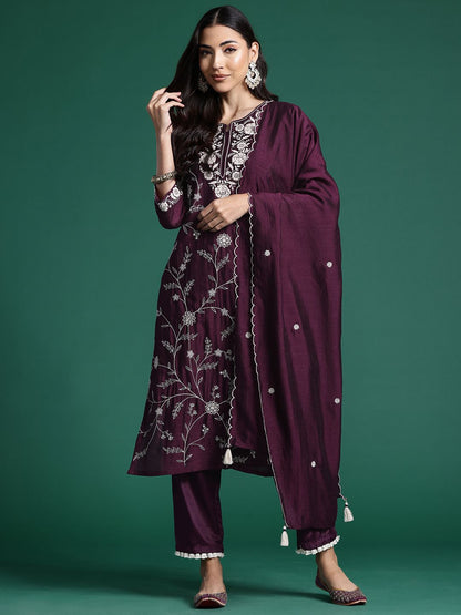 Floral Embroidered Sequinned Kurta With Trousers & Dupatta