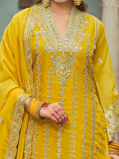 Floral Embroidered V-Neck Zari Organza Kurta With Trousers And Dupatta