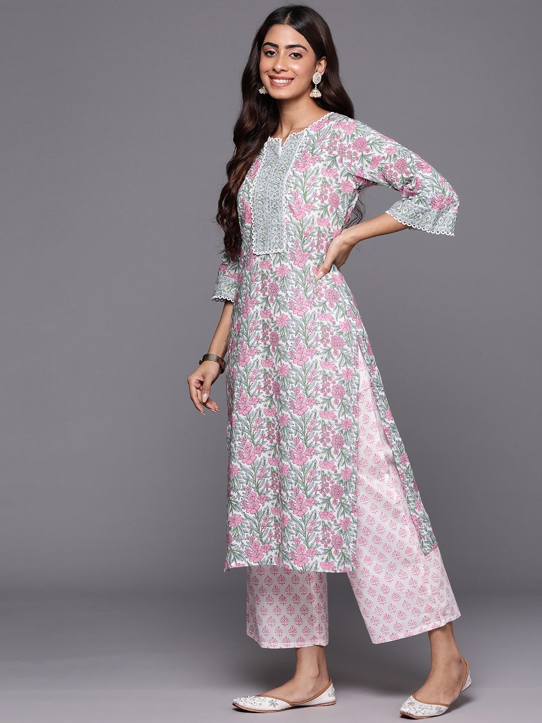 Dhiyona LB Women's Floral Printed Regular Pure Cotton Kurta with Palazzos & Dupatta