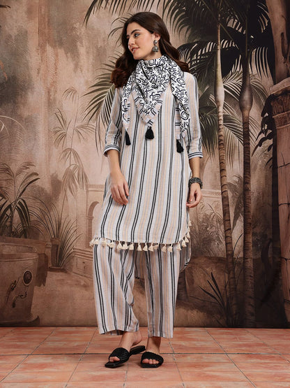 Dhiyona SN Women's Striped Pure Cotton Kurta With Palazzos & Dupatta