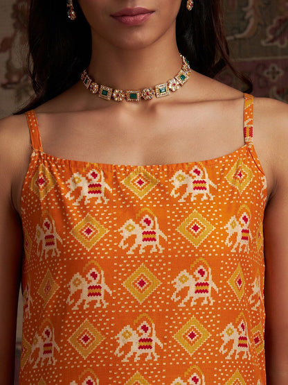 Dhiyona IE Orange Geometric Printed Shoulder Strap Kurta with Sharara & Dupatta
