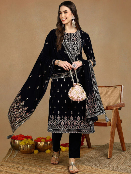 Dhiyona PD Women Women Ethnic Motif Embroidered Straight Kurta Trousers With Dupatta