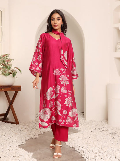 Dhiyona VA Women'sFloral Printed V-Neck Chanderi Silk A-line Kurta with Trousers