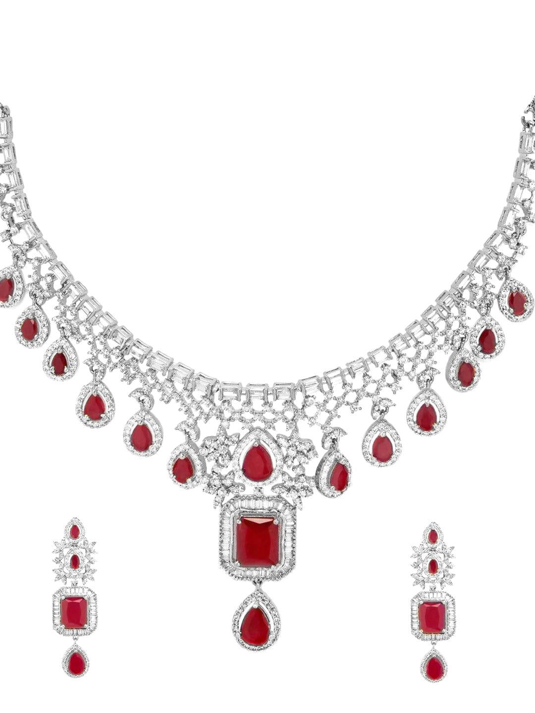 Dhiyona RJ Women's Rhodium-Plated Ruby Pink & White Cubic Zirconia Handcrafted Premium Jewellery Set