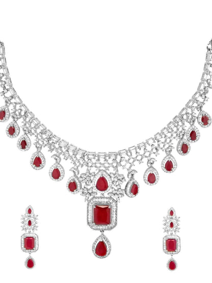 Dhiyona RJ Women's Rhodium-Plated Ruby Pink & White Cubic Zirconia Handcrafted Premium Jewellery Set