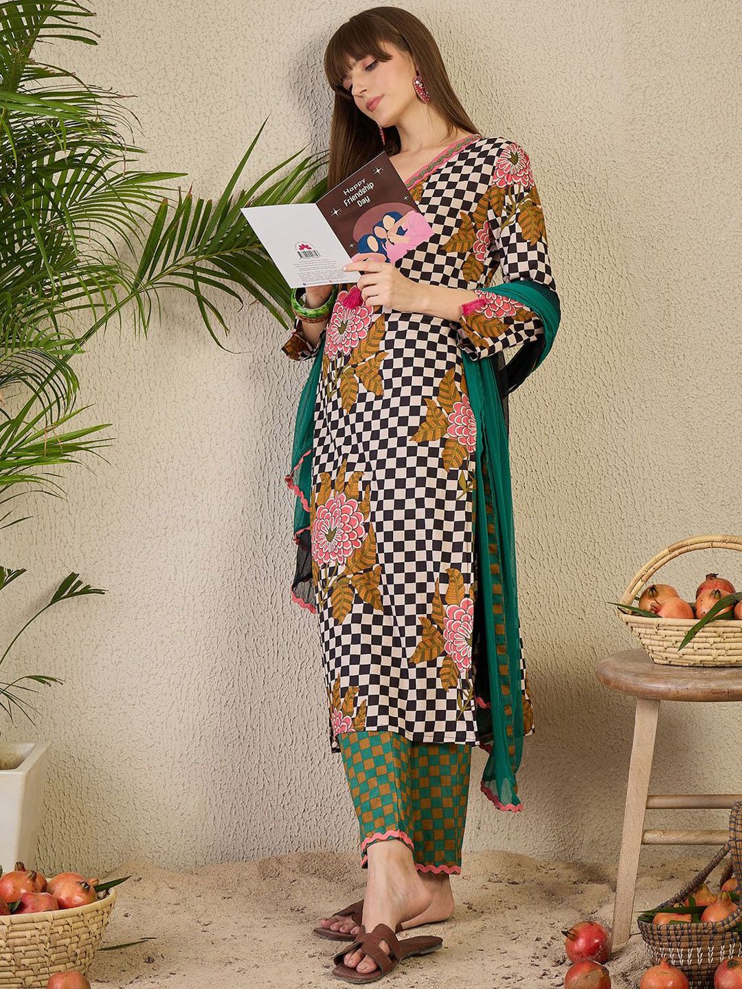 Adults-Women Checked Cotton Kurta with Trousers & Dupatta