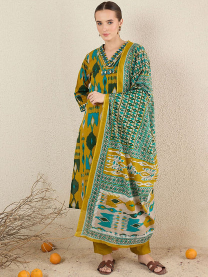 Dhiyona IE Women Abstract Printed Cotton Kurta with Trousers & Dupatta
