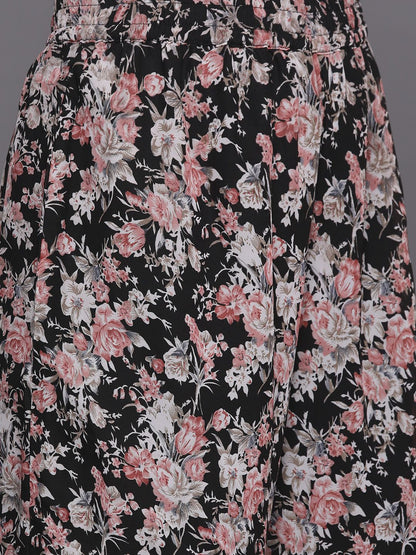 Dhiyona VA Women's Black Floral Printed Empire Kurta with Sharara & With Dupatta