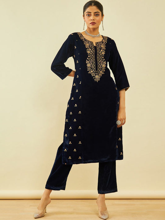 Dhiyona SO Women's Ethnic Motifs Embroidered Regular Thread Work Velvet Straight Kurta with Trousers