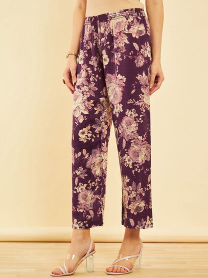 Dhiyona SO Women's Floral Printed High-Low Regular Kurta with Trousers