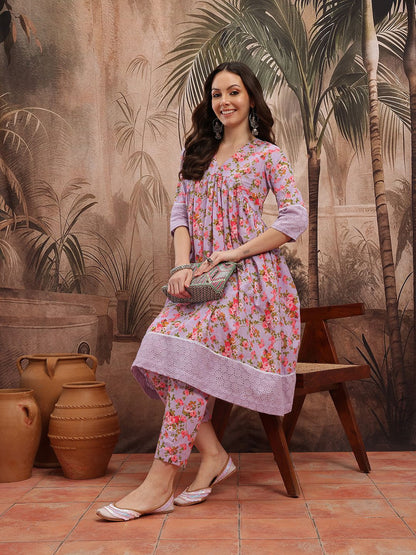 Dhiyona SN Women's Floral Print Empire Lace Insert Detail Pure Cotton A-Line Kurta with Trousers