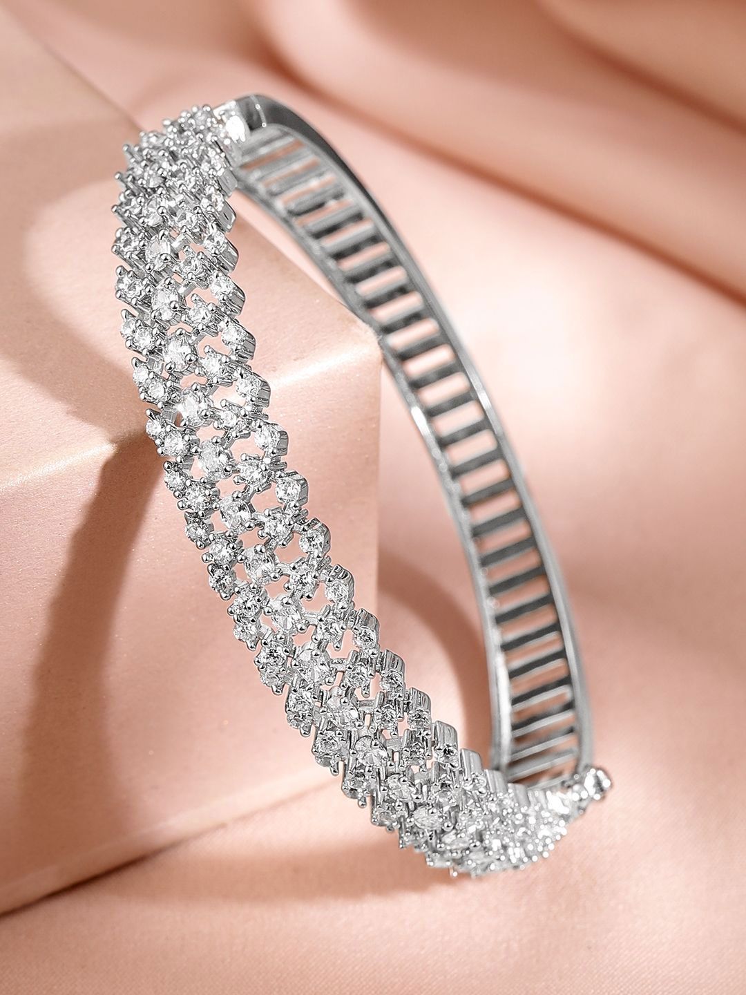 Dhiyona RJ Women's Rhodium Plated Cubic Zirconia Cuff Bracelet