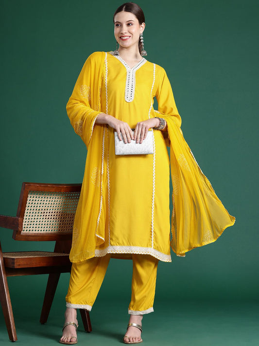 Embroidered Panelled Mirror Work Kurta With Trousers & Dupatta
