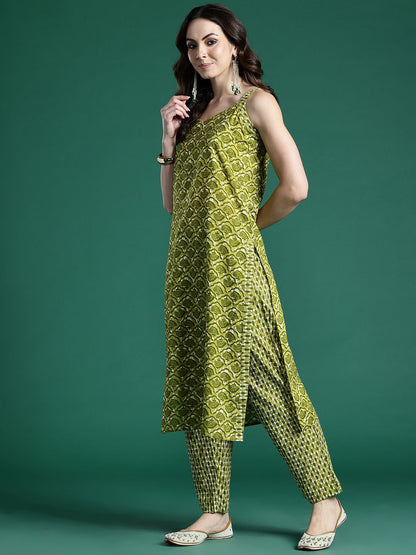 Dhiyona IE Geometric Printed Pure Cotton Kurta with Trousers & Dupatta