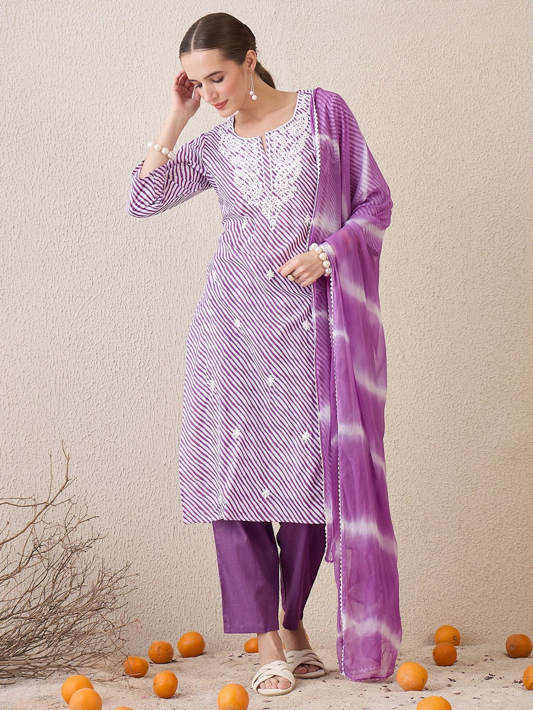 Dhiyona IE Floral Embroidered Round Neck Pure Cotton Straight Kurta With Trousers & Dupatta